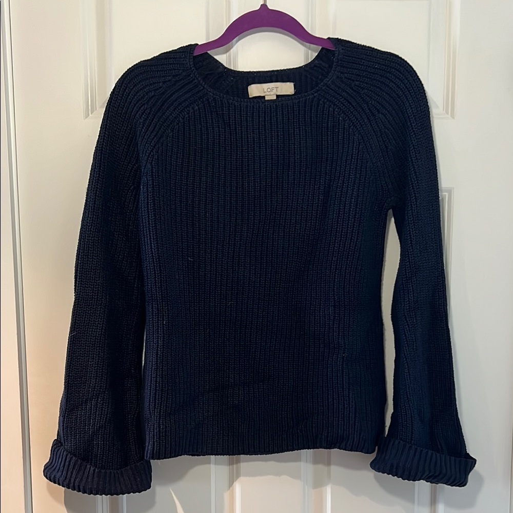 LOFT Blue Crew Neck Fisherman’s Sweater with Bell Sleeves